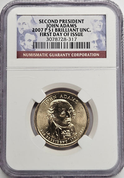 2007 John Adams Presidential Dollar NGC Brilliant Uncirculated First Day of Issue