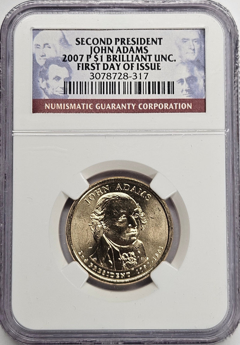 2007 John Adams Presidential Dollar NGC Brilliant Uncirculated First Day of Issue