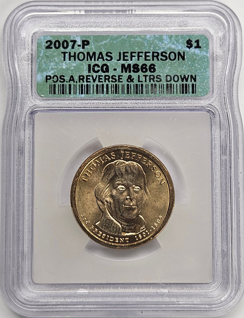 2007 Thomas Jefferson Presidential Dollar ICG MS-66 Position A Reverse and Letters Down