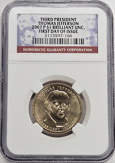 2007 Thomas Jefferson Presidential Dollar NGC Brilliant Uncirculated First Day of Issue