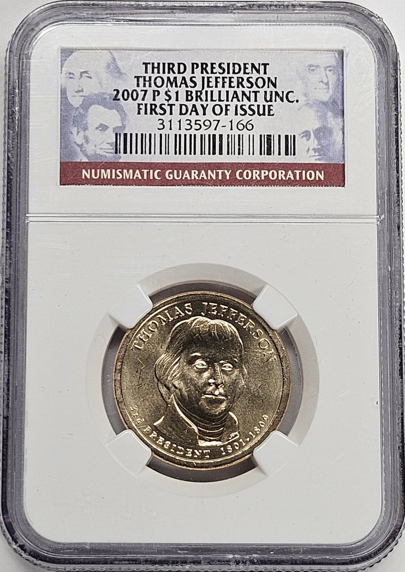 2007 Thomas Jefferson Presidential Dollar NGC Brilliant Uncirculated First Day of Issue