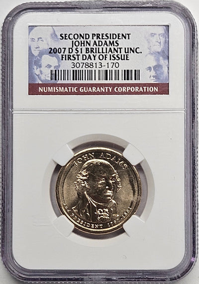 2007-D John Adams Presidential Dollar NGC Brilliant Uncirculated First Day of Issue