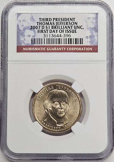 2007-D Thomas Jefferson Presidential Dollar NGC Brilliant Uncirculated First Day of Issue