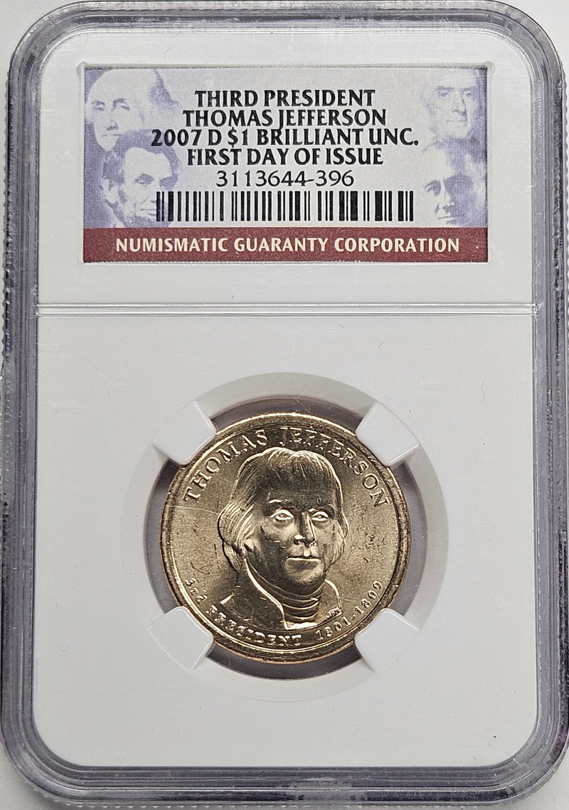 2007-D Thomas Jefferson Presidential Dollar NGC Brilliant Uncirculated First Day of Issue