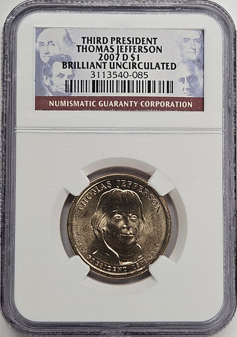 2007-D Thomas Jefferson Presidential Dollar NGC Brilliant Uncirculated