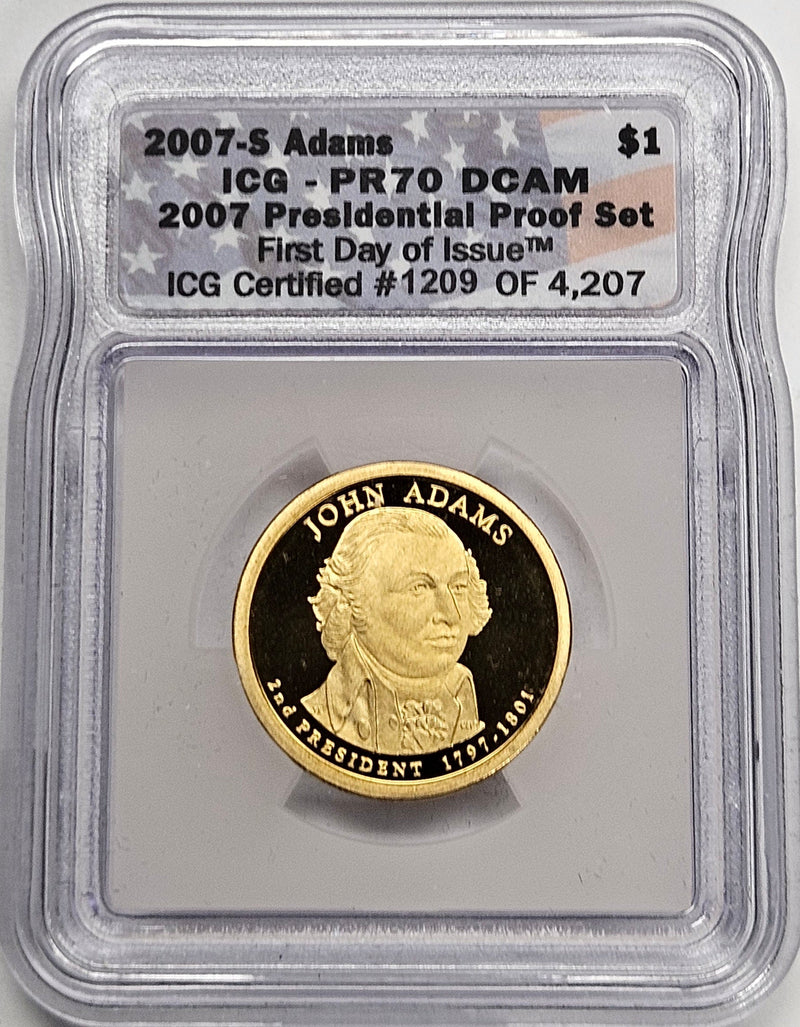 2007-S John Adams Presidential Dollar ICG PR-70 DCAM First Day of Issue