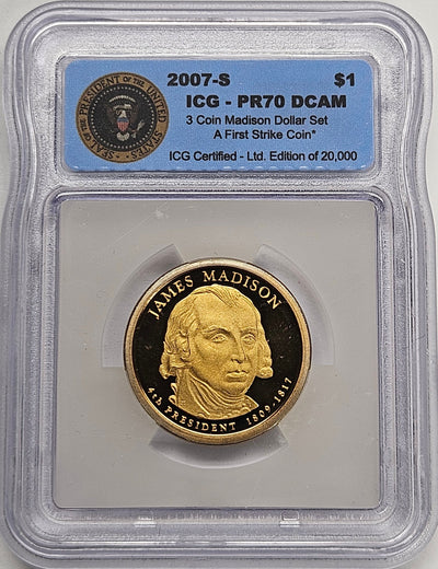 2007-S James Madison Presidential Dollar ICG PR-70 DCAM from 3-Coin Madison Dollar Set First Strike