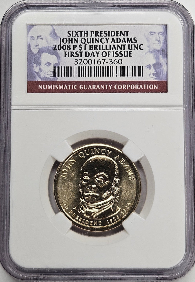 2008 John Quincy Adams Presidential Dollar NGC Brilliant Uncirculated First Day of Issue