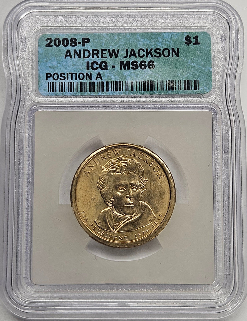 2008 Andrew Jackson Presidential Dollar ICG MS-66 Position A