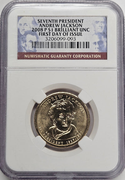 2008 Andrew Jackson Presidential Dollar NGC Brilliant Uncirculated First Day of Issue