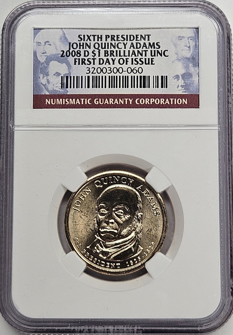 2008-D John Quincy Adams Presidential Dollar NGC Brilliant Uncirculated First Day of Issue