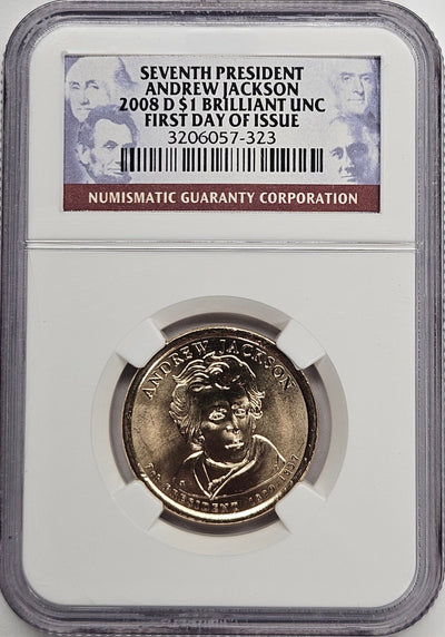 2008-D Andrew Jackson Presidential Dollar NGC Brilliant Uncirculated First Day of Issue