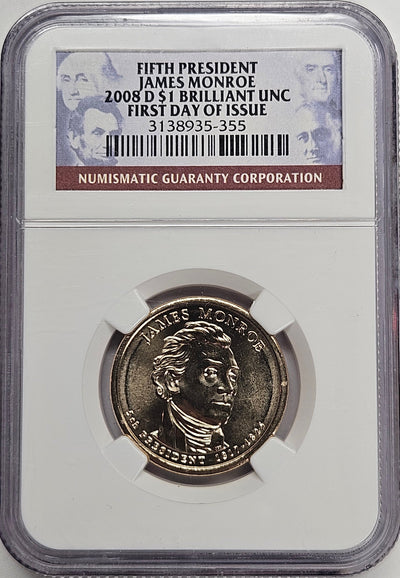 2008-D James Monroe Presidential Dollar NGC Brilliant Uncirculated First Day of Issue