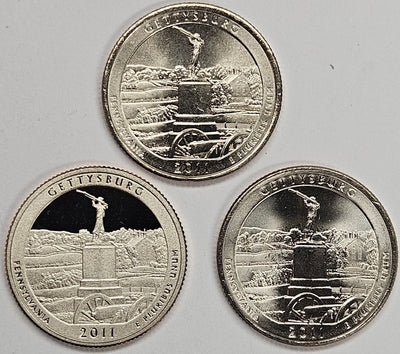2011-PDS Gettysburg National Military Park Quarters 3-coin set  Choice BU P, D, and S Gem Proof
