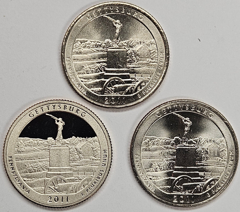 2011-PDS Gettysburg National Military Park Quarters 3-coin set  Choice BU P, D, and S Gem Proof