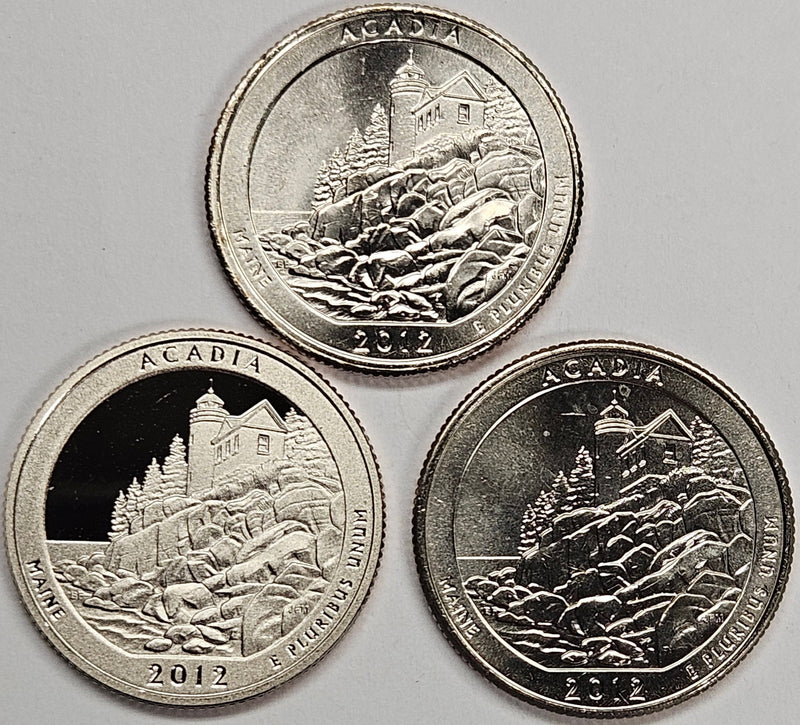 2012-PDS Acadia Park Quarters 3-coin set Choice BU P, D, and S Gem Proof