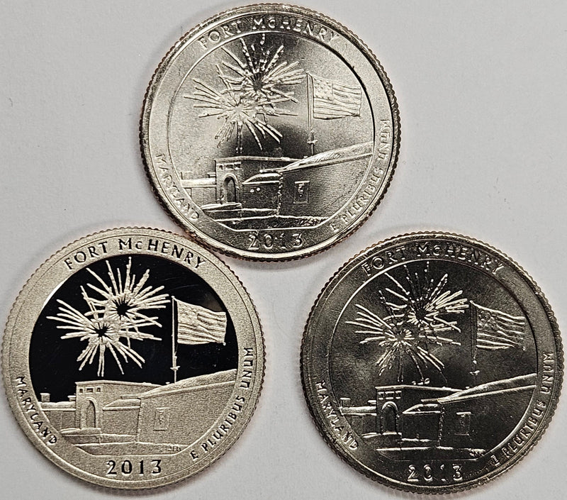 2013-PDS Fort McHnery Park Quarters 3-coin set  Choice BU P, D, and S Gem Proof