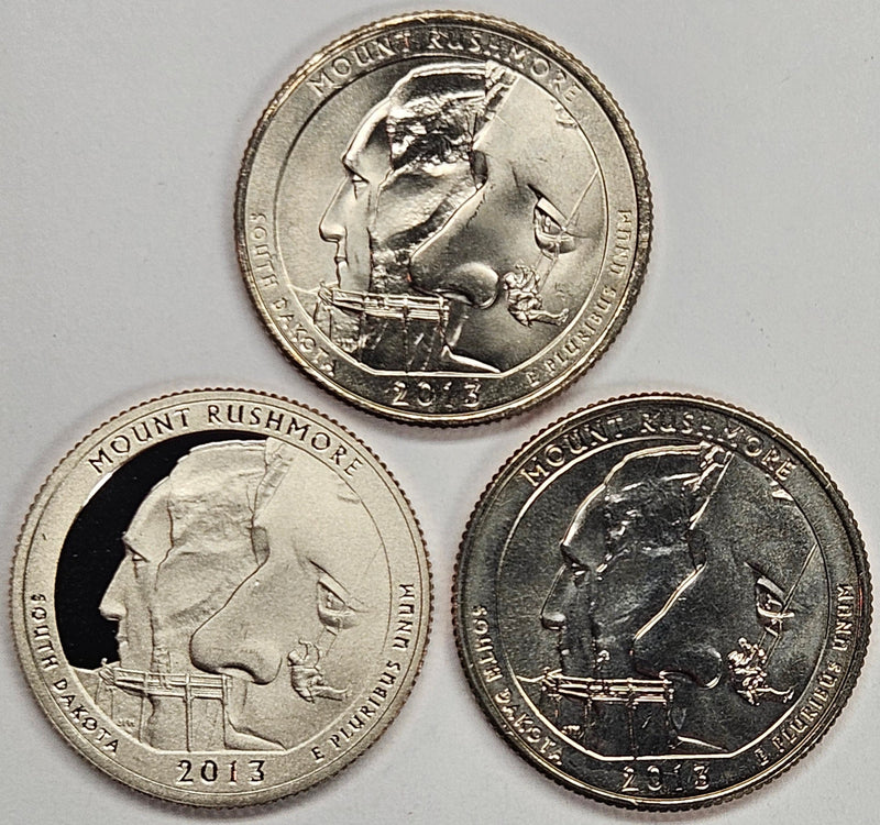 2013-PDS Mount Rushmore Park Quarters 3-coin set  Choice BU P, D, and S Gem Proof