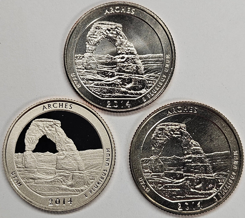 2014-PDS Arches Park Quarters 3-coin set  Choice BU P, D, and S Gem Proof