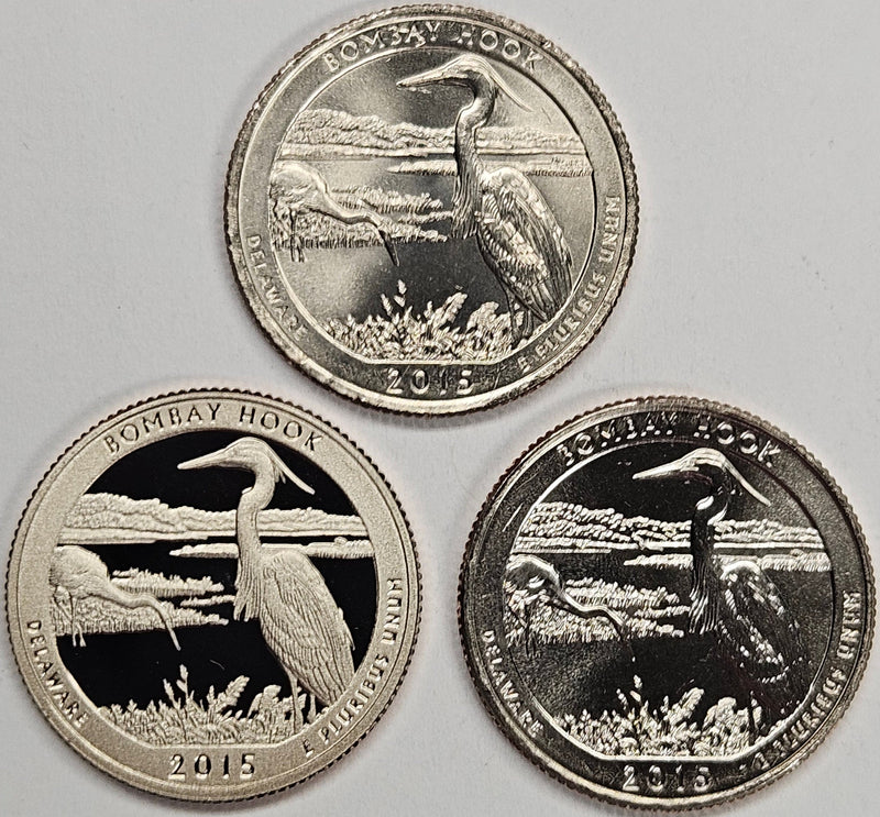 2015-PDS Bombay Hook Park Quarters 3-coin set  Choice BU P, D, and S Gem Proof