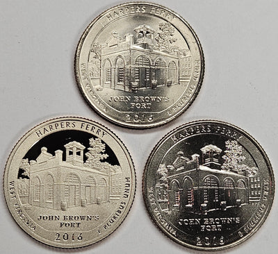2016-P and D Pair Harper's Ferry Park Quarters 3-coin set Choice BU P, D, and S Gem Proof
