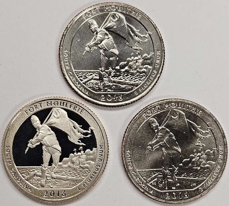 2016-P and D Pair Fort Moultrie Park Quarters 3-coin set Choice BU P, D, and S Gem Proof