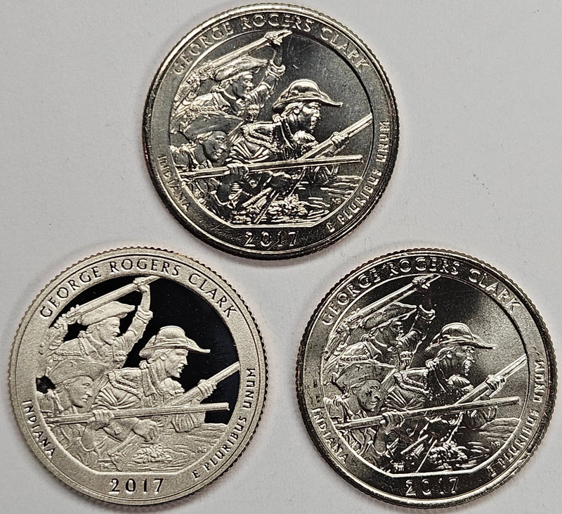 2017-PDS George Rodgers Clark Park Quarters 3-coin set  Choice BU P, D, and S Gem Proof
