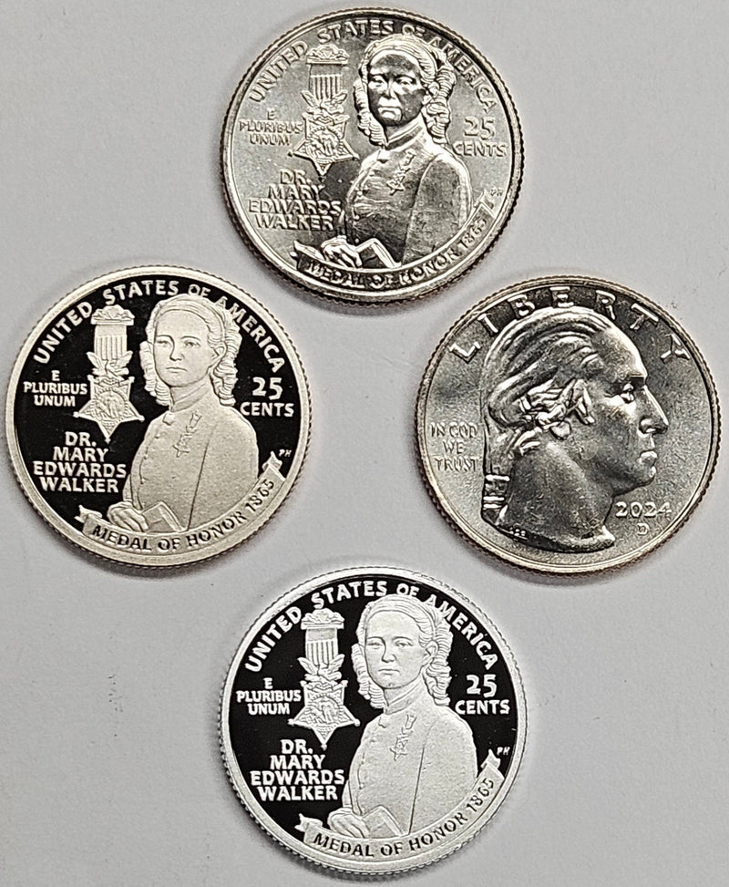 2024-P, D, S and S Silver Dr. Mary Edwards Walker Famous Women Quarters . . . . Choice BU and Superb Proof Clad and Silver