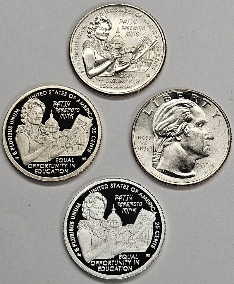 2024-P, D, S and S Silver Honorable Patsy Takemoto Mink Famous Women Quarters . . . . Choice BU and Superb Proof Clad and Silver