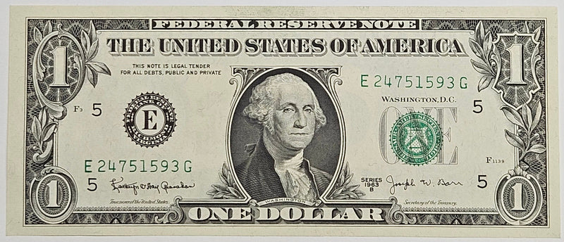 1963 B $1.00 Federal Reserve Note Joseph Barr Signature . . . . AU/CU