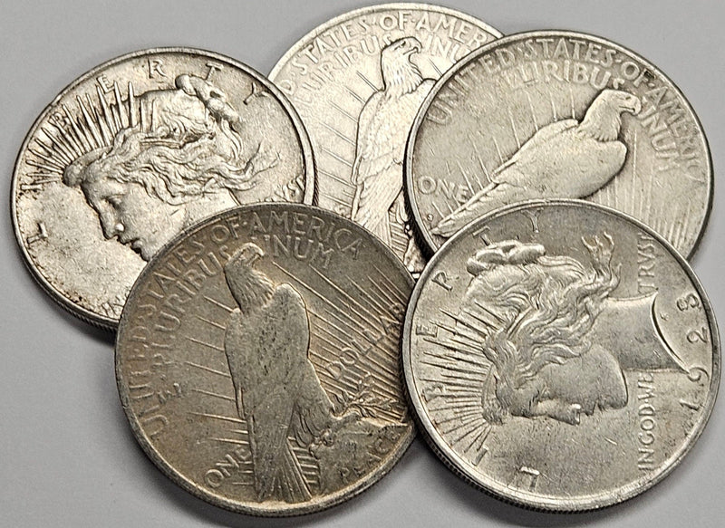 5 Mixed Dates Silver Peace Dollars . . . . Fine/VF or Better