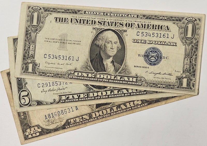 All 3 Silver Certificates $1.00, $5.00, $10.00 . . . . Fine to Very Fine