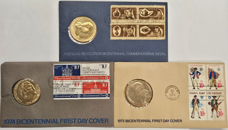 1972, 1974 and 1975 Bicentennial Medal First Day Cover Trio Brilliant Uncirculated