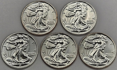 5 Walking Liberty Design 1/10 Oz. Silver Rounds .999 oz Silver Gem Brilliant Uncirculated
