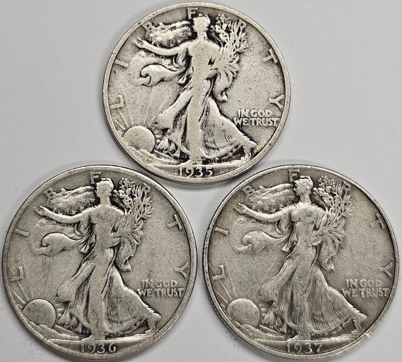 1935, 1936 & 1937 Walking Liberty Half Trio . . . . VG or Better