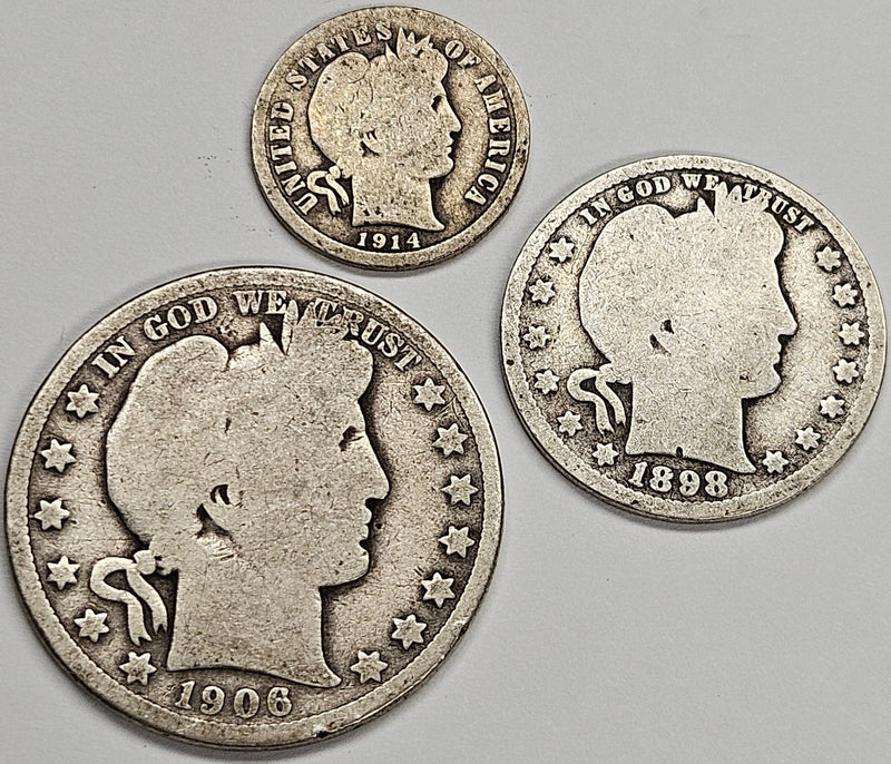 One Barber Dime, Quarter & Half Trio From Each Decade . . . . Good