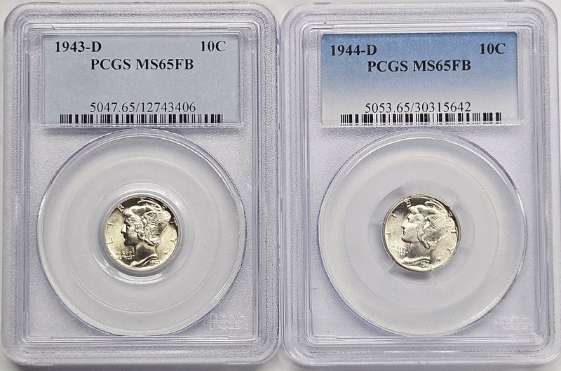 1943-D & 1944-D Full Bands Dime Pair . . . . PCGS MS-65FB