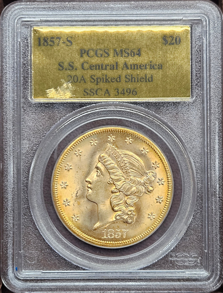 1857-S $20.00 Liberty Gold PCGS MS-64 S.S. Central America 20A