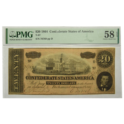 1864 $20.00 Confederate Note . . . . PMG About Uncirculated-58