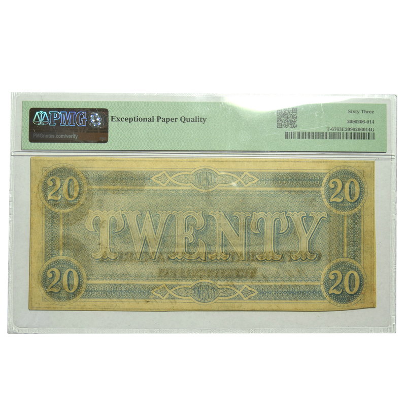 1864 $20.00 Confederate Note . . . . PMG Crisp Uncirculated-63
