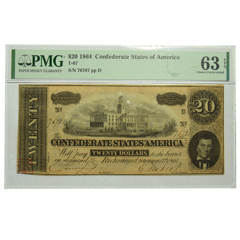 1864 $20.00 Confederate Note . . . . PMG Crisp Uncirculated-63