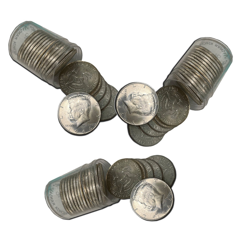 3 Rolls of 1964 90% Silver Half Dollar Rolls 20 BU Coins per Roll