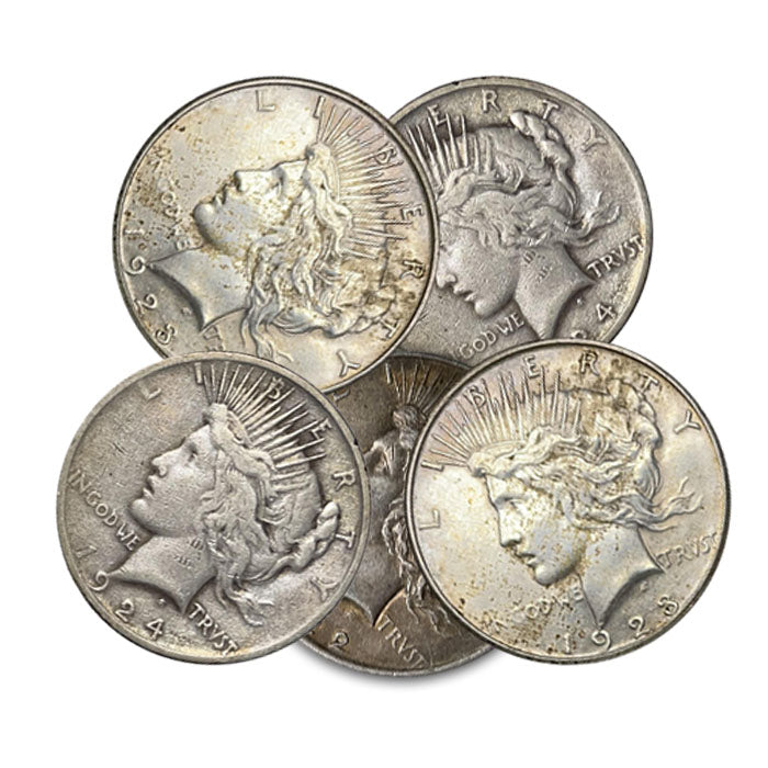 5 Mixed Dates Silver Peace Dollars . . . . Fine or better Condition
