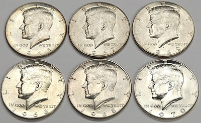 6 Different 40% Silver Kennedy Halves (65, 66, 67, 68D, 69D, 70D) Choice Brilliant Uncirculated
