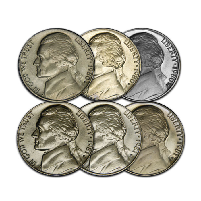 All Six 1980 and 1981 (PDS) Jefferson Nickels . . . . Brilliant Uncirculated and Gem Brilliant Proof