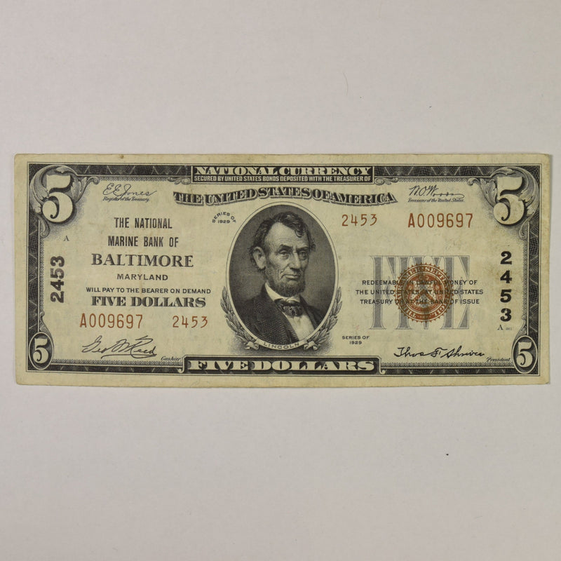 Maryland $5.00 1929 Type 2 The National Marine Bank of Baltimore, MD CH