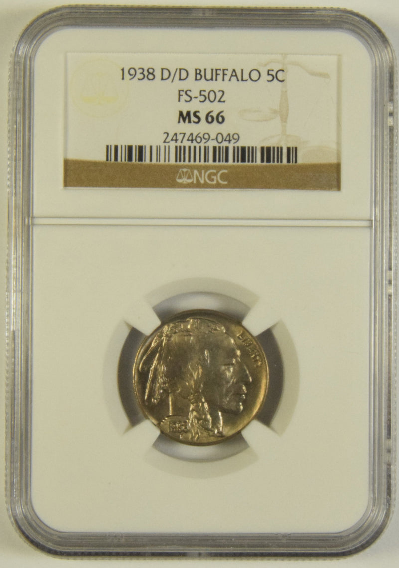 1938-D/D Buffalo Nickel NGC MS-66 FS-502
