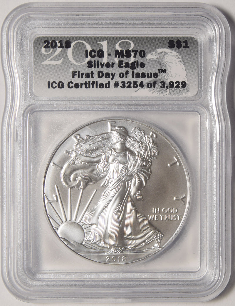 2018 Silver Eagle . . . . ICG MS-70 First Day of Issue