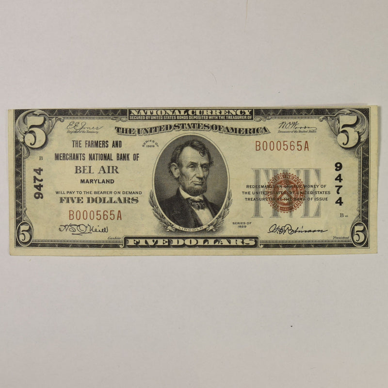 Maryland $5.00 1929 Type 1 The Farmers and Merchants National Bank of Bel Air, MD CH