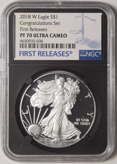 2018-W Silver Eagle NGC PR-70 Ultra Cameo Congratulations Set First Releases Retro Black Holder